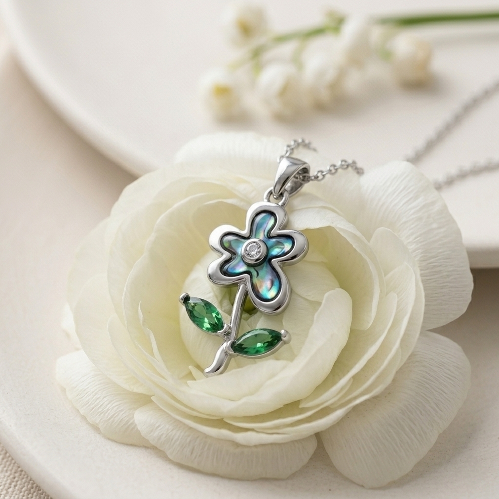 18K White Gold Plated Abalone Shell Floral Necklace Green Zirconia CZ Adjustable - Picture 5 of 15